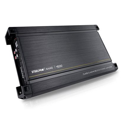 Amplificador Nano 4500 Clase D Steelpro para Subwoofer Monoblock Bass 4500W MAX 1 Ohm estable Alto Rendimiento Open Show, LPF, Bass Boost 12 dB,Filtro Subsonico, Fase Variable, Control de Bajo
