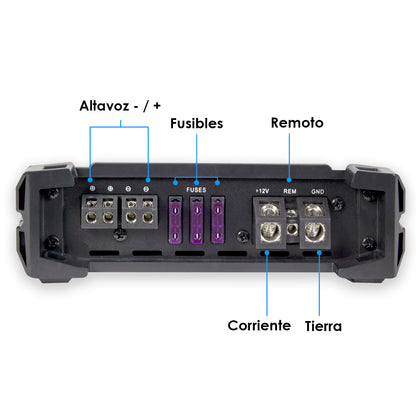 Amplificador Nano 4500 Clase D Steelpro para Subwoofer Monoblock Bass 4500W MAX 1 Ohm estable Alto Rendimiento Open Show, LPF, Bass Boost 12 dB,Filtro Subsonico, Fase Variable, Control de Bajo
