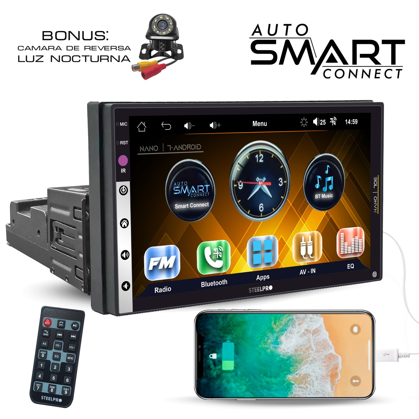 NANO-706 Autoestéreo 1 DIN Pantalla HD 7 Pulgadas Touch Bluetooth Mirror Link Doble USB RCA Cámara Reversa Control Volante Multimedia Nano By Steelpro