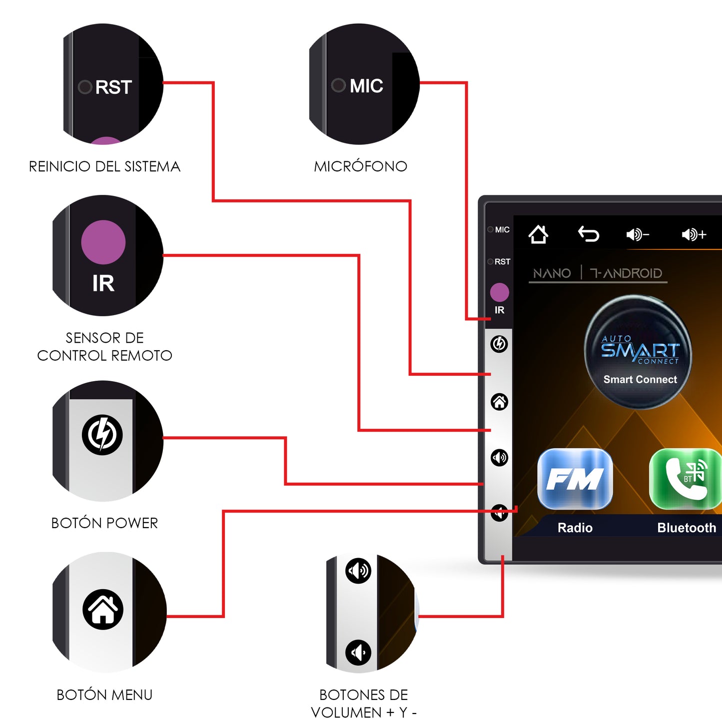 NANO-706 Autoestéreo 1 DIN Pantalla HD 7 Pulgadas Touch Bluetooth Mirror Link Doble USB RCA Cámara Reversa Control Volante Multimedia Nano By Steelpro