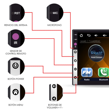 NANO-706 Autoestéreo 1 DIN Pantalla HD 7 Pulgadas Touch Bluetooth Mirror Link Doble USB RCA Cámara Reversa Control Volante Multimedia Nano By Steelpro