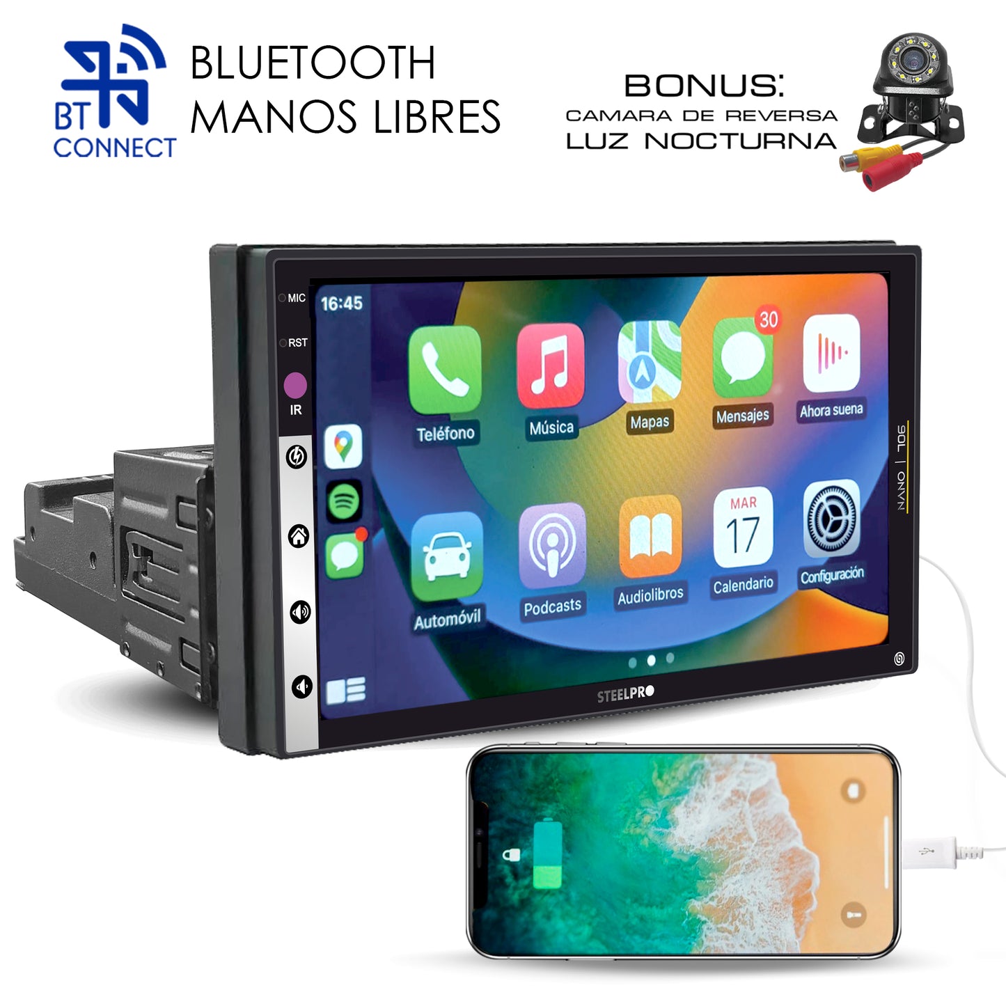 NANO-706 Autoestéreo 1 DIN Pantalla HD 7 Pulgadas Touch Bluetooth Mirror Link Doble USB RCA Cámara Reversa Control Volante Multimedia Nano By Steelpro