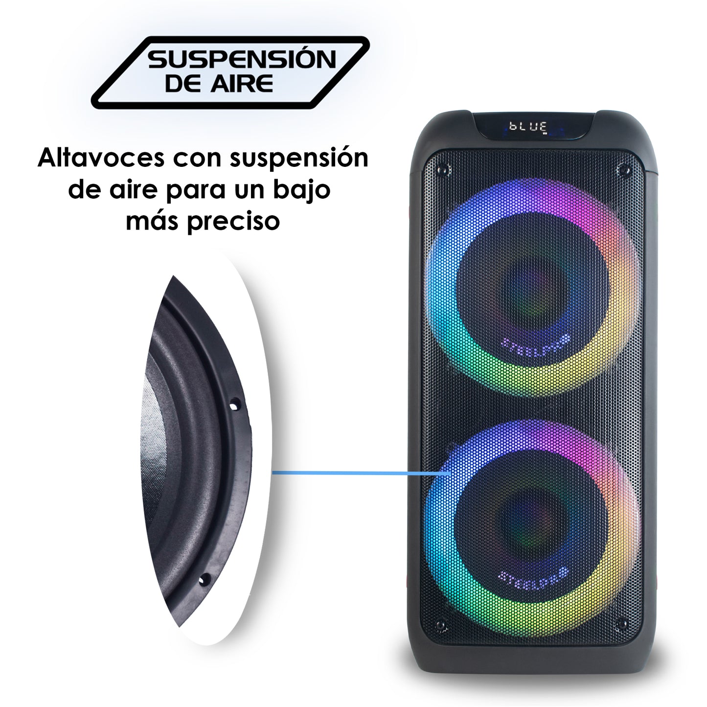 NEBULA-PRO Bocina Portatil Inalambrica Bluetooth 2x8 400W Suspension De Aire Bateria Recargable Enlace TWS Luces Kamaleon USB Micro SD Radio FM Auxiliar Steelpro