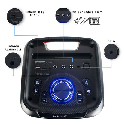 NEBULA-PRO Bocina Portatil Inalambrica Bluetooth 2x8 400W Suspension De Aire Bateria Recargable Enlace TWS Luces Kamaleon USB Micro SD Radio FM Auxiliar Steelpro