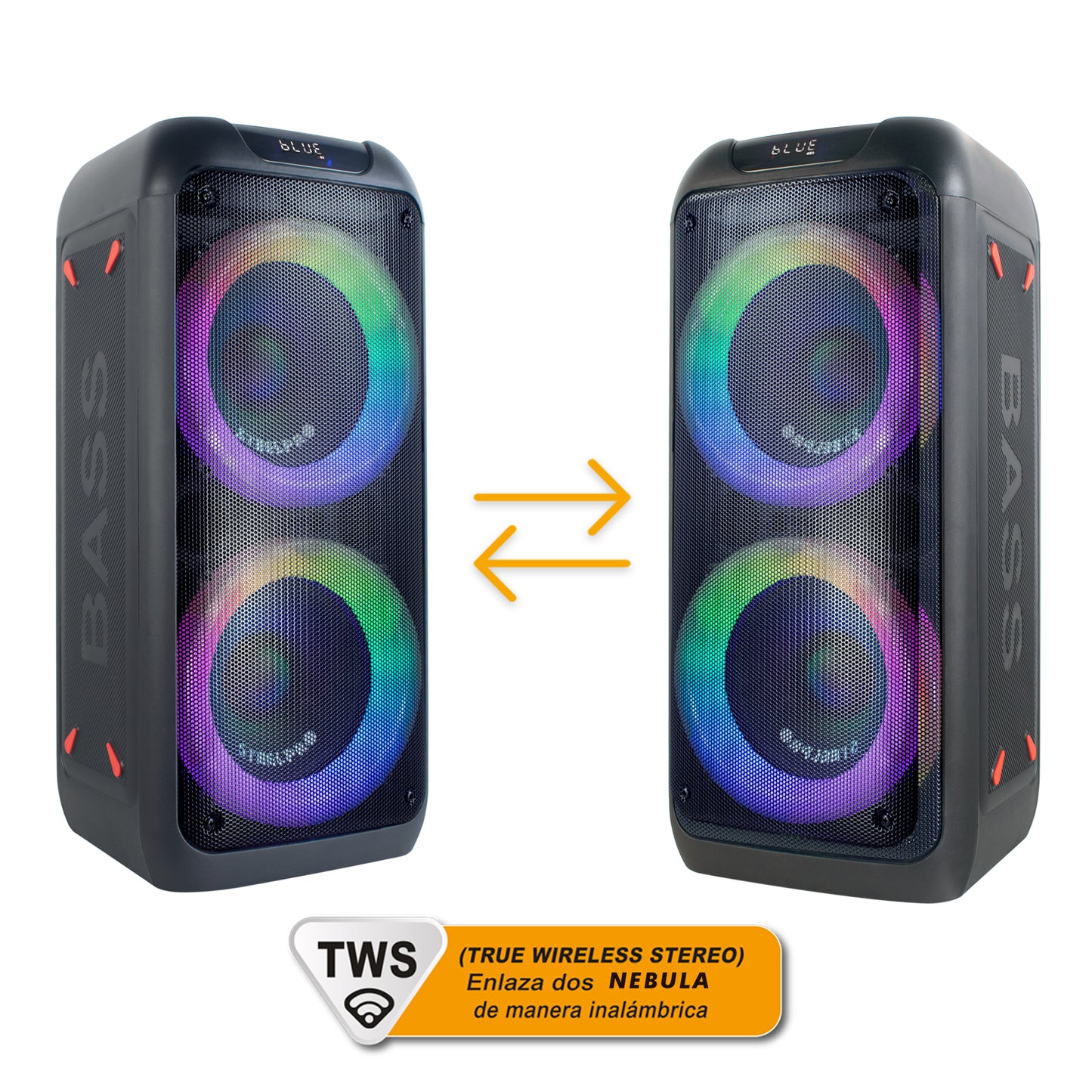 NEBULA-PRO Bocina Portatil Inalambrica Bluetooth 2x8 400W Suspension De Aire Bateria Recargable Enlace TWS Luces Kamaleon USB Micro SD Radio FM Auxiliar Steelpro