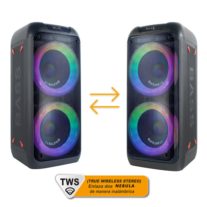 NEBULA-PRO Bocina Portatil Inalambrica Bluetooth 2x8 400W Suspension De Aire Bateria Recargable Enlace TWS Luces Kamaleon USB Micro SD Radio FM Auxiliar Steelpro