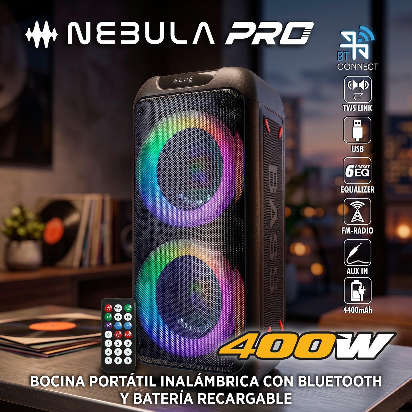 NEBULA-PRO Bocina Portatil Inalambrica Bluetooth 2x8 400W Suspension De Aire Bateria Recargable Enlace TWS Luces Kamaleon USB Micro SD Radio FM Auxiliar Steelpro