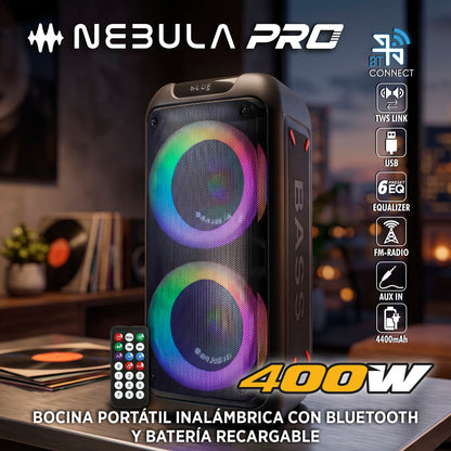 NEBULA-PRO Bocina Portatil Inalambrica Bluetooth 2x8 400W Suspension De Aire Bateria Recargable Enlace TWS Luces Kamaleon USB Micro SD Radio FM Auxiliar Steelpro