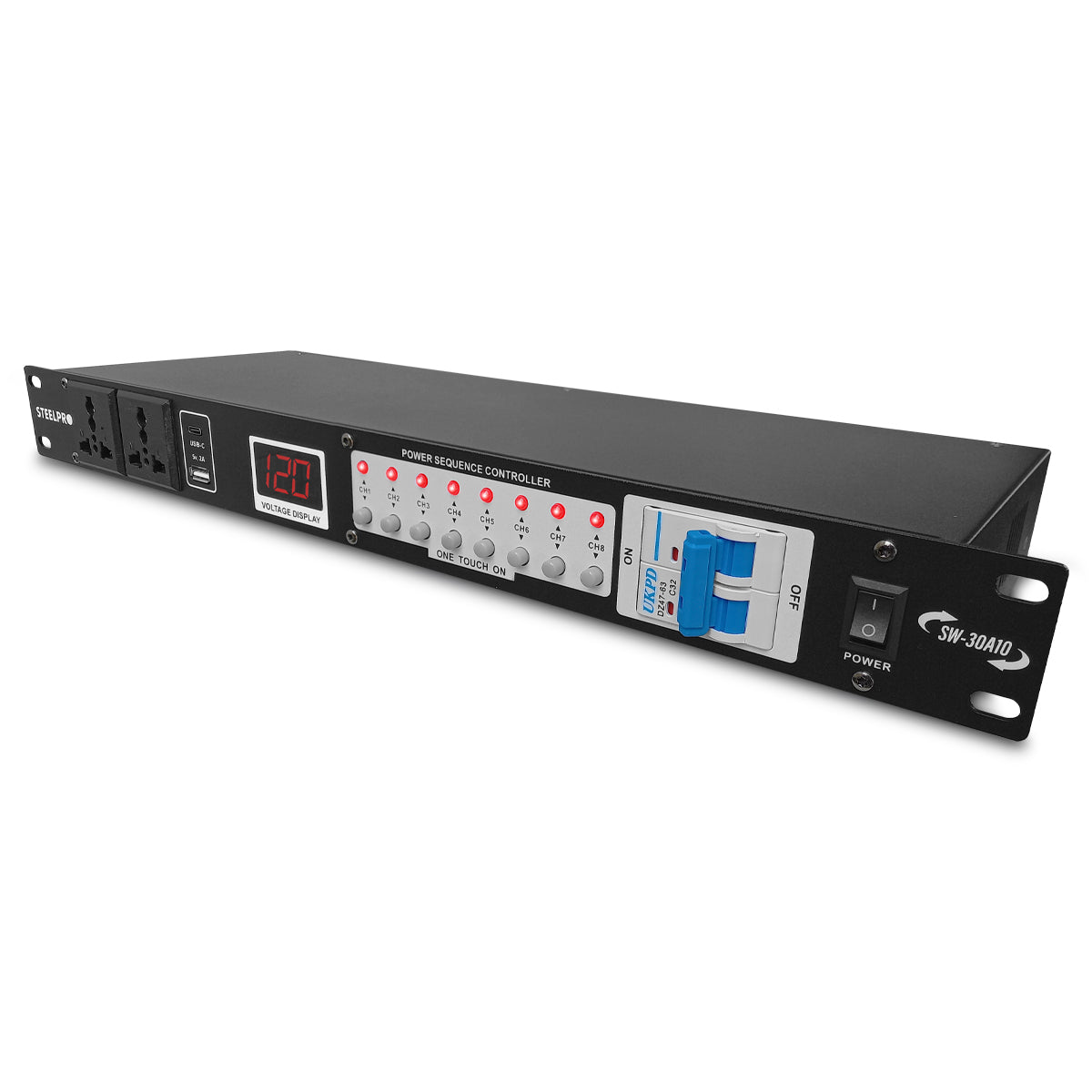 SW-30A10 Barra Multicontacto 10 Enchufes Supresor De Picos 32a Steelpro