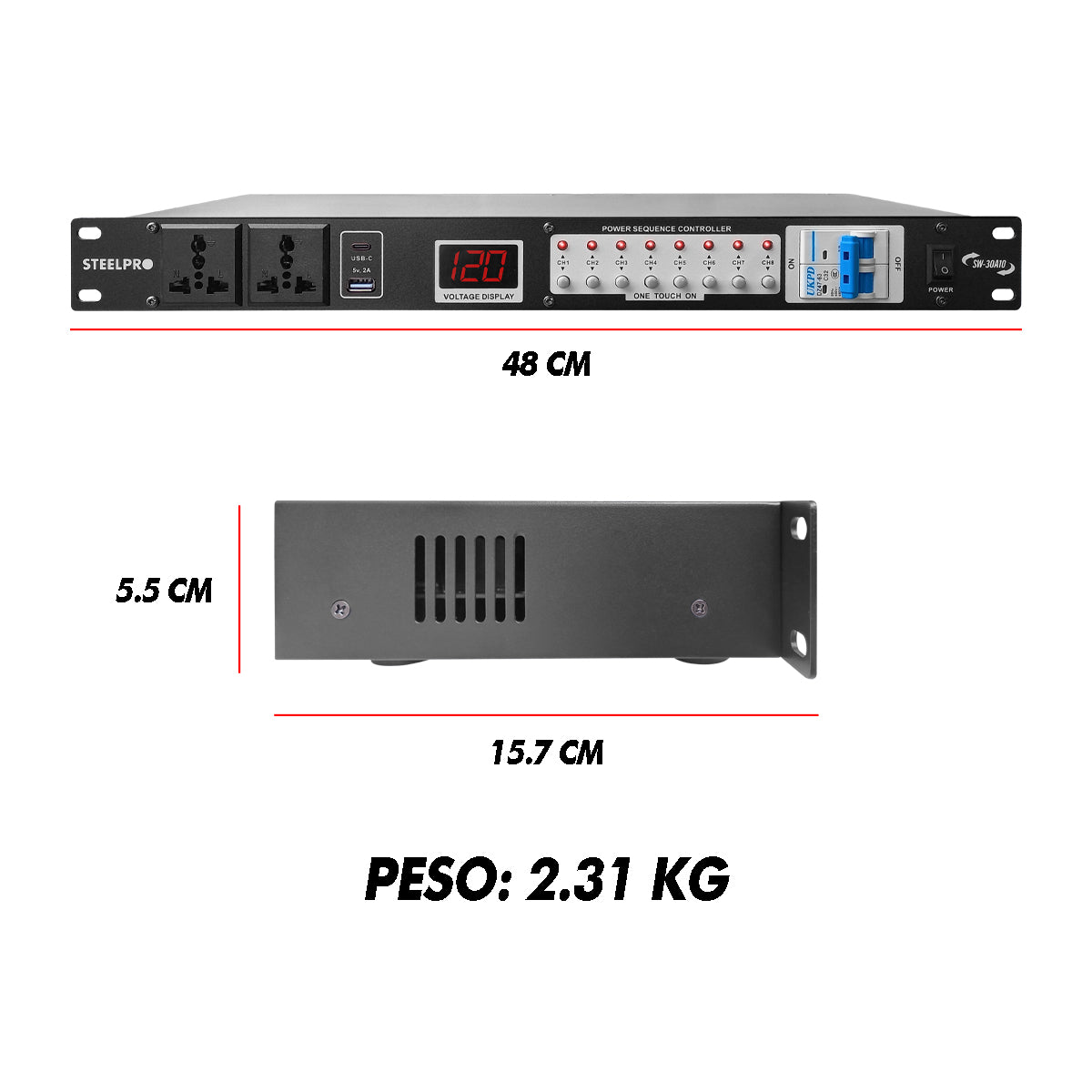 SW-30A10 Barra Multicontacto 10 Enchufes Supresor De Picos 32a Steelpro