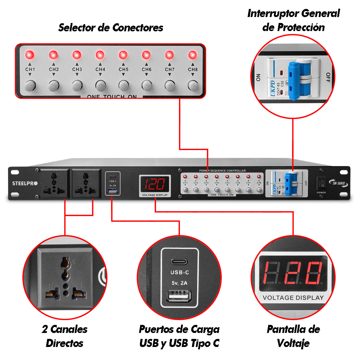 SW-30A10 Barra Multicontacto 10 Enchufes Supresor De Picos 32a Steelpro