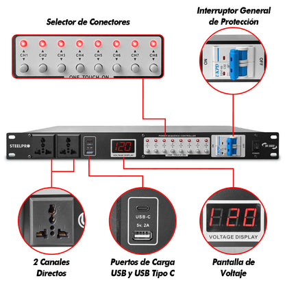 SW-30A10 Barra Multicontacto 10 Enchufes Supresor De Picos 32a Steelpro