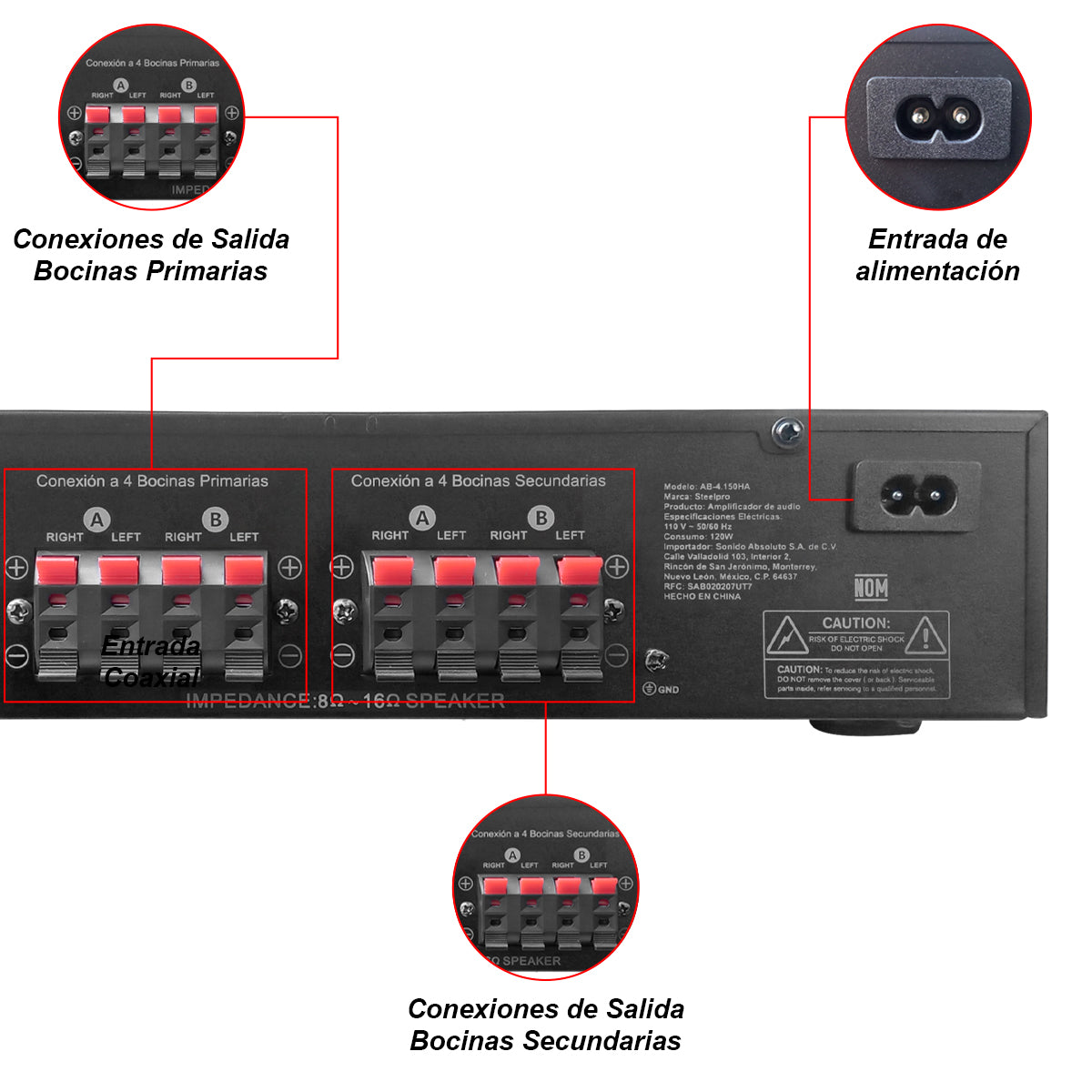 AB-4.150HA Amplificador Audio 8 Canales 600W Bluetooth USB DAC Zona A/B 4x150W Bocinas 8 Ohms Steelpro