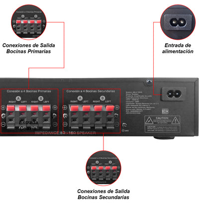 AB-4.150HA Amplificador Audio 8 Canales 600W Bluetooth USB DAC Zona A/B 4x150W Bocinas 8 Ohms Steelpro