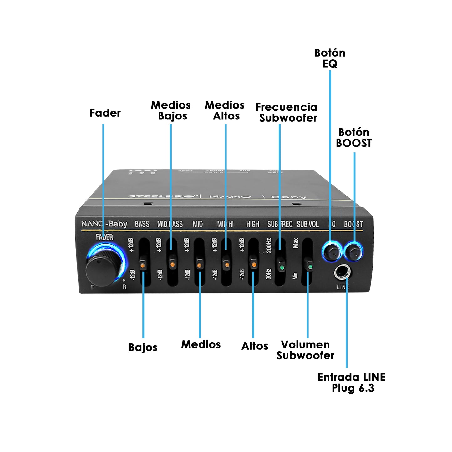 Ecualizador Mini para auto preamplificado Nano Baby 5 Bandas + Subwoofer Output , Control de frecuencia , Bass Booster, 7Volts , RCA,Luz Led Steelpro Negro