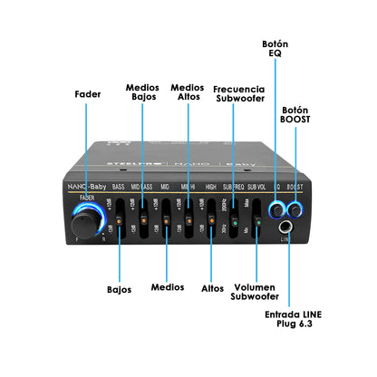 Ecualizador Mini para auto preamplificado Nano Baby 5 Bandas + Subwoofer Output , Control de frecuencia , Bass Booster, 7Volts , RCA,Luz Led Steelpro Negro