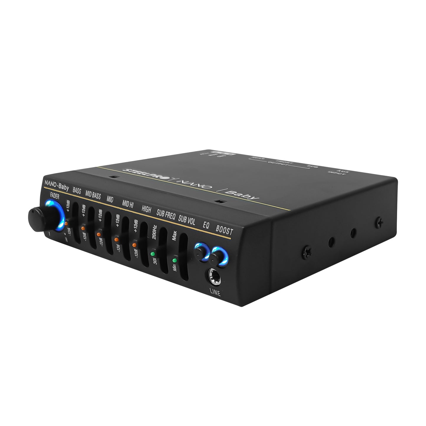 Ecualizador Mini para auto preamplificado Nano Baby 5 Bandas + Subwoofer Output , Control de frecuencia , Bass Booster, 7Volts , RCA,Luz Led Steelpro Negro