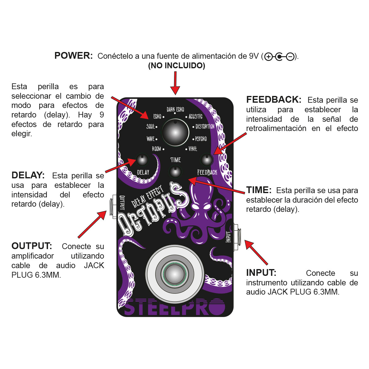 Pedal Para Guitarra Steelpro Octopus Delay Effect 9v