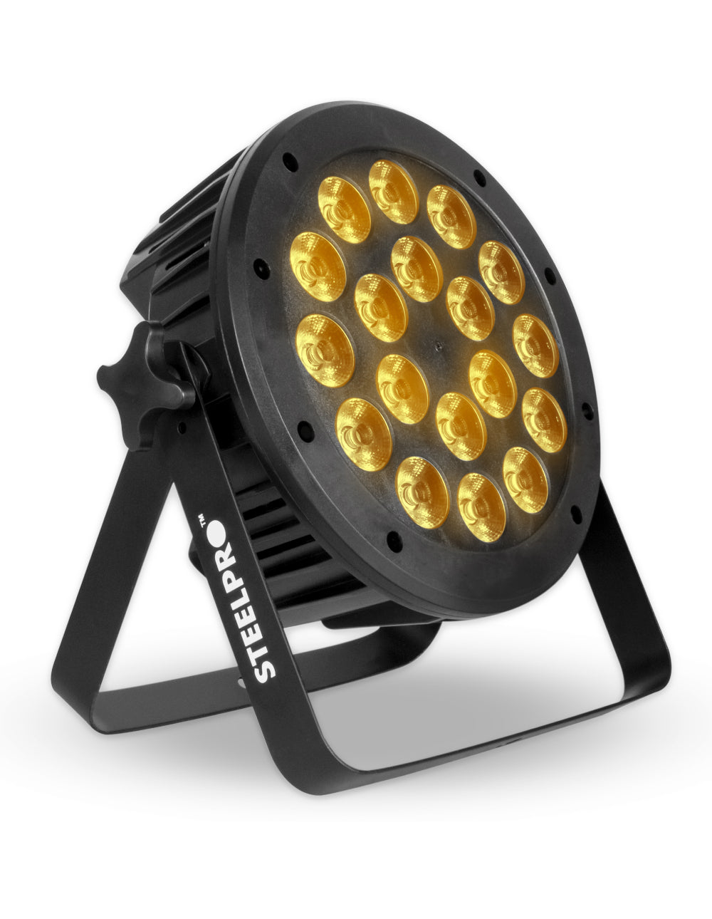 Cañón Led Wash Steelpro OM-18RM-A 18 Leds x 15W RGBW + Ámbar + White Full Color 8 Canales DMX Audiorítmico Cuerpo de Aluminio Dimmer y Estrobo