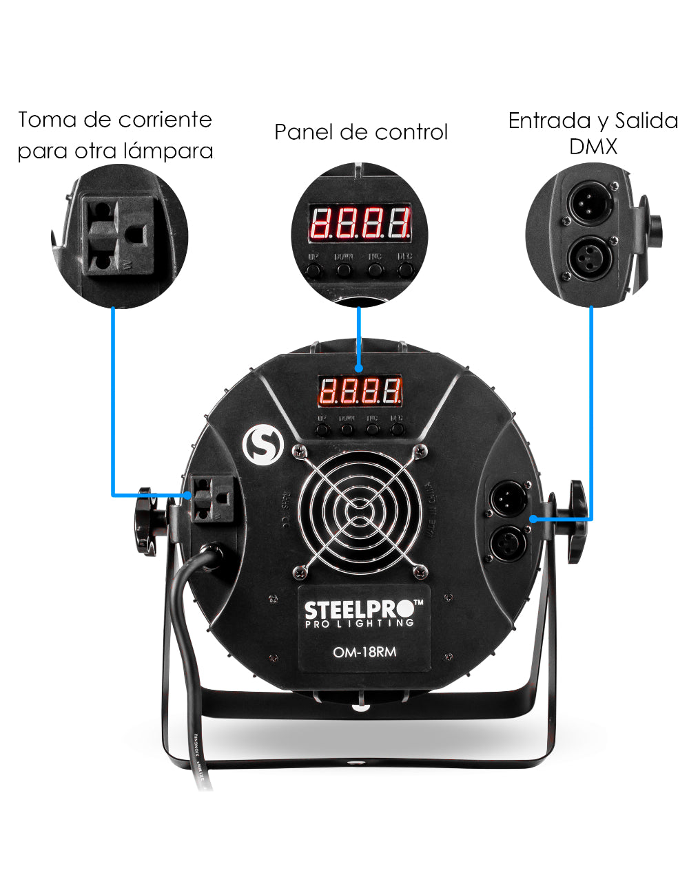 Cañón Led Wash Steelpro OM-18RM-A 18 Leds x 15W RGBW + Ámbar + White Full Color 8 Canales DMX Audiorítmico Cuerpo de Aluminio Dimmer y Estrobo