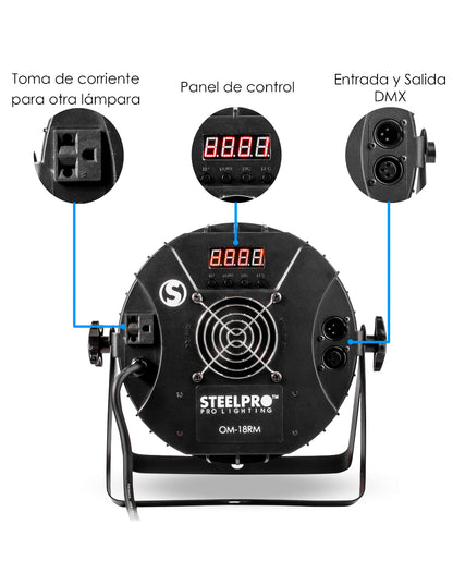 Cañón Led Wash Steelpro OM-18RM-A 18 Leds x 15W RGBW + Ámbar + White Full Color 8 Canales DMX Audiorítmico Cuerpo de Aluminio Dimmer y Estrobo