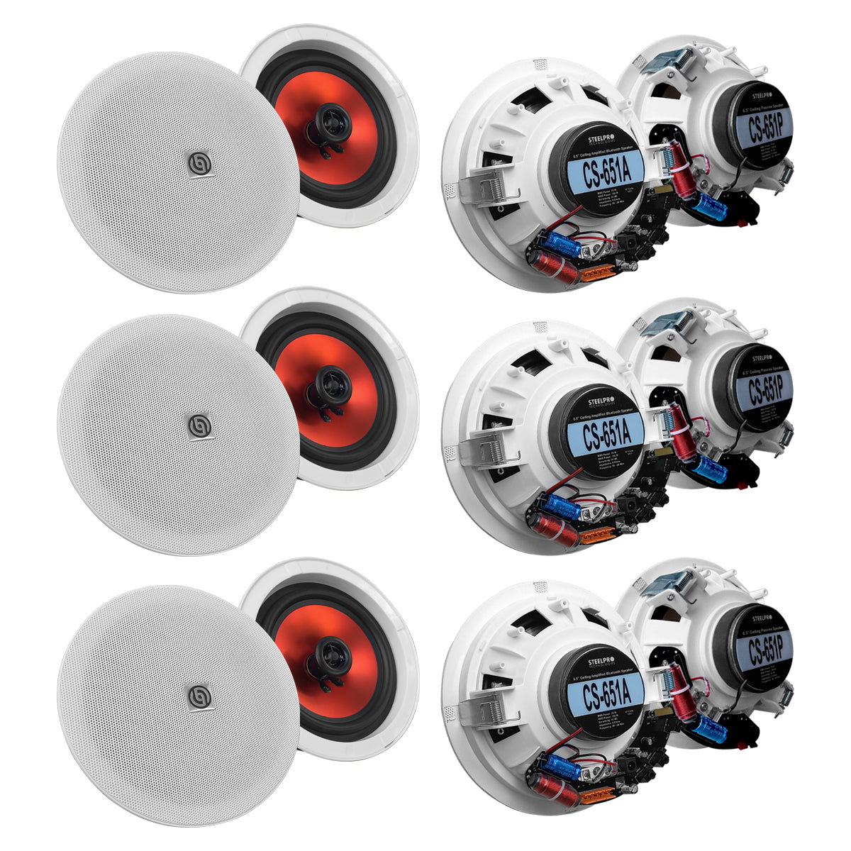 PAK-CS65-K12 Kit de 3 Bocinas Activas Bluetooth + 9 Pasivas Plafón 6.5" Audio Ambiental Maestro Esclavo Steelpro