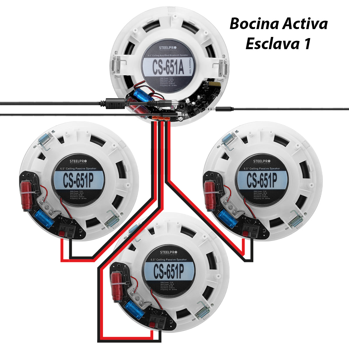 PAK-CS65-K16 Kit de 4 Bocinas Activas Bluetooth + 12 Pasivas Plafón 6.5" Audio Ambiental Maestro Esclavo Steelpro