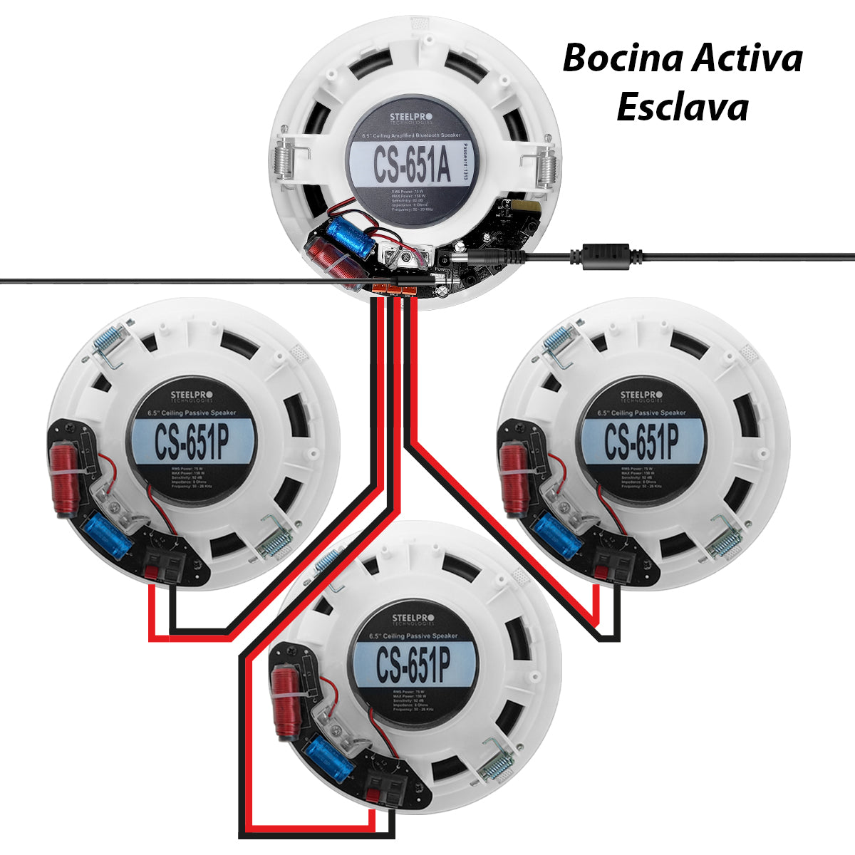 PAK-CS65-K8 Kit de 2 Bocinas Plafón 6.5" Bluetooth 2 Activas + 6 Pasivas Audio Ambiental Maestro Esclavo Steelpro
