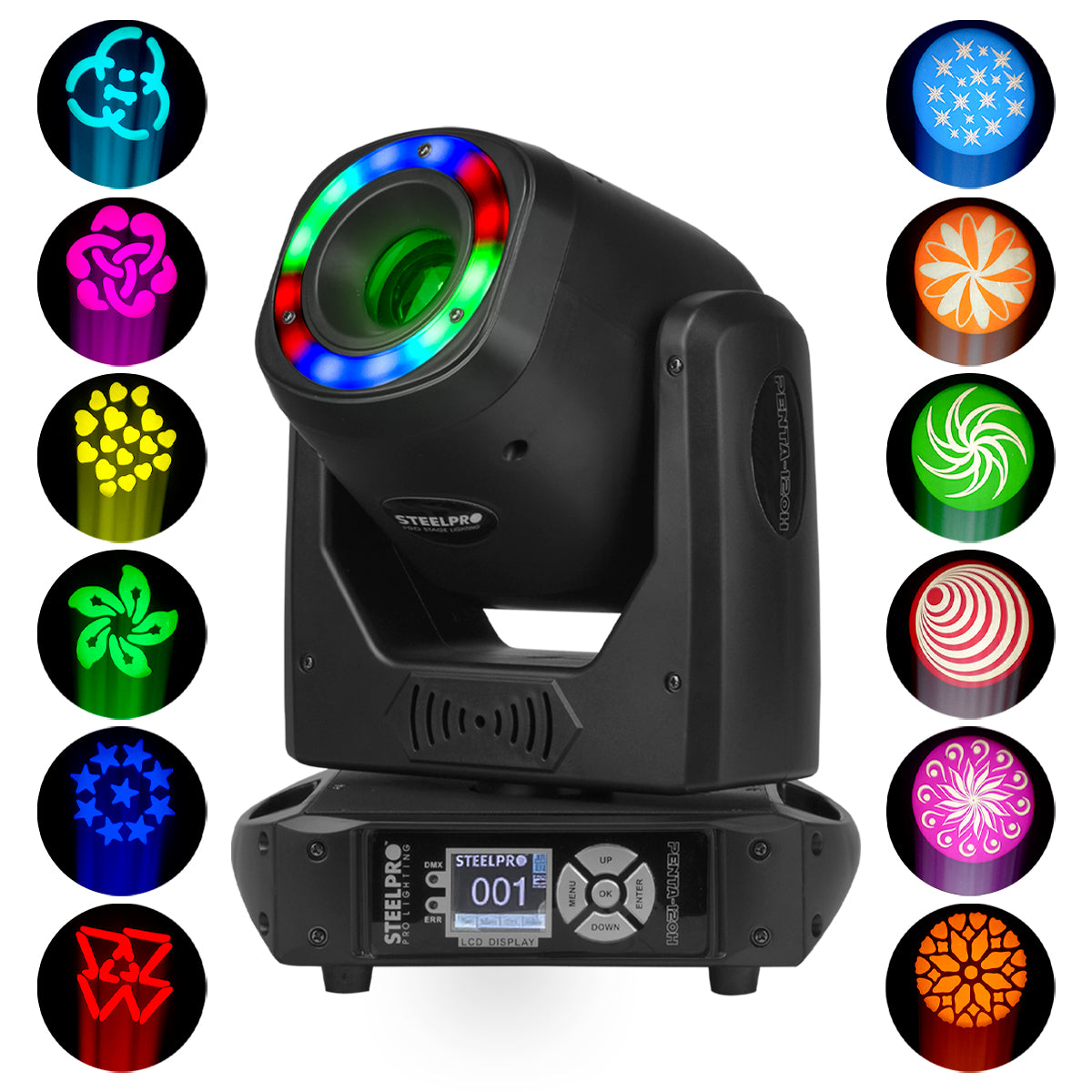 PENTA-120H Cabeza Móvil Beam LED 120W Prisma 5 Caras Aro LED SMD 7 Gobos Rotatorios DMX Maestro Esclavo Audiorítmico Automático Iluminación Profesional Steelpro