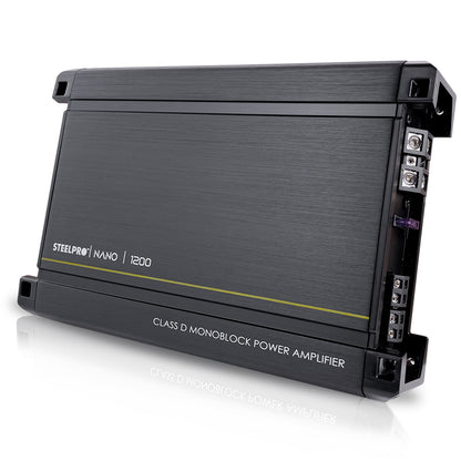 Amplificador  Nano 1200  Steelpro para Subwoofer  Monoblock Bass 1200W MAX 2  Ohm estable Alto Rendimiento Open Show, Crossover LPF/FULL, Bass Boost 12 dB, Fase Variable, Control de Bajos