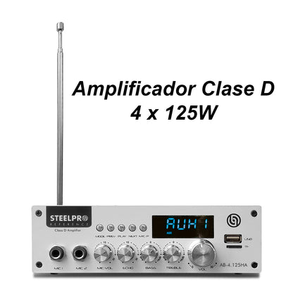 AB-4.125HA Amplificador de Audio 4 Canales Bluetooth 500W (4x125W) para Bocinas 8 Ohms Steelpro