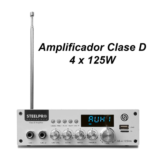 Amplificador de Audio Steelpro AB-4.125HA 4 Canales Bluetooth 500W (4x125W) para Bocinas 8 Ohms