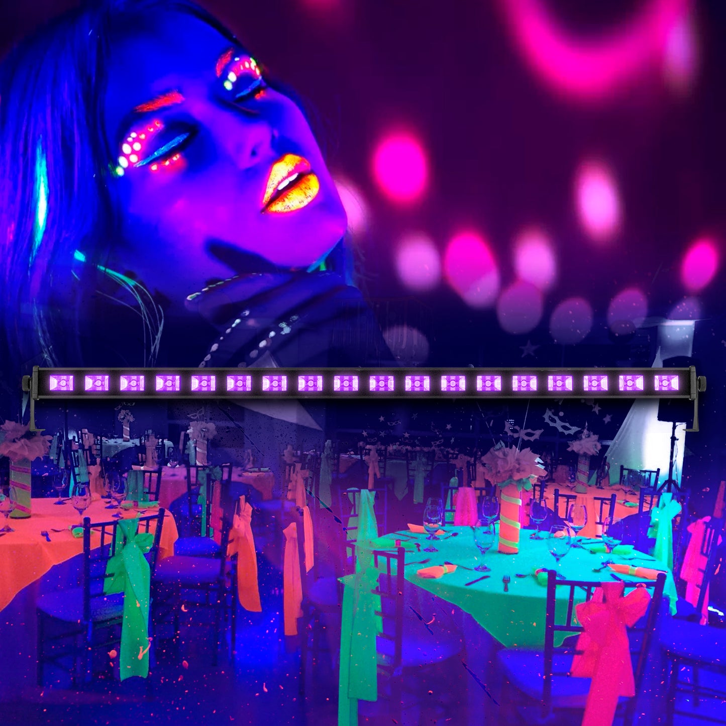Barra Luz UV 18 LED x 5W Efecto Neón UV185BAR: 99cm Blacklight Switch On/Off Ideal para Fiestas y Objetos Fluorescentes. Potente Ligera (1.05kg) y Fácil Instalar. ¡Resalta tus eventos y decoraciones!