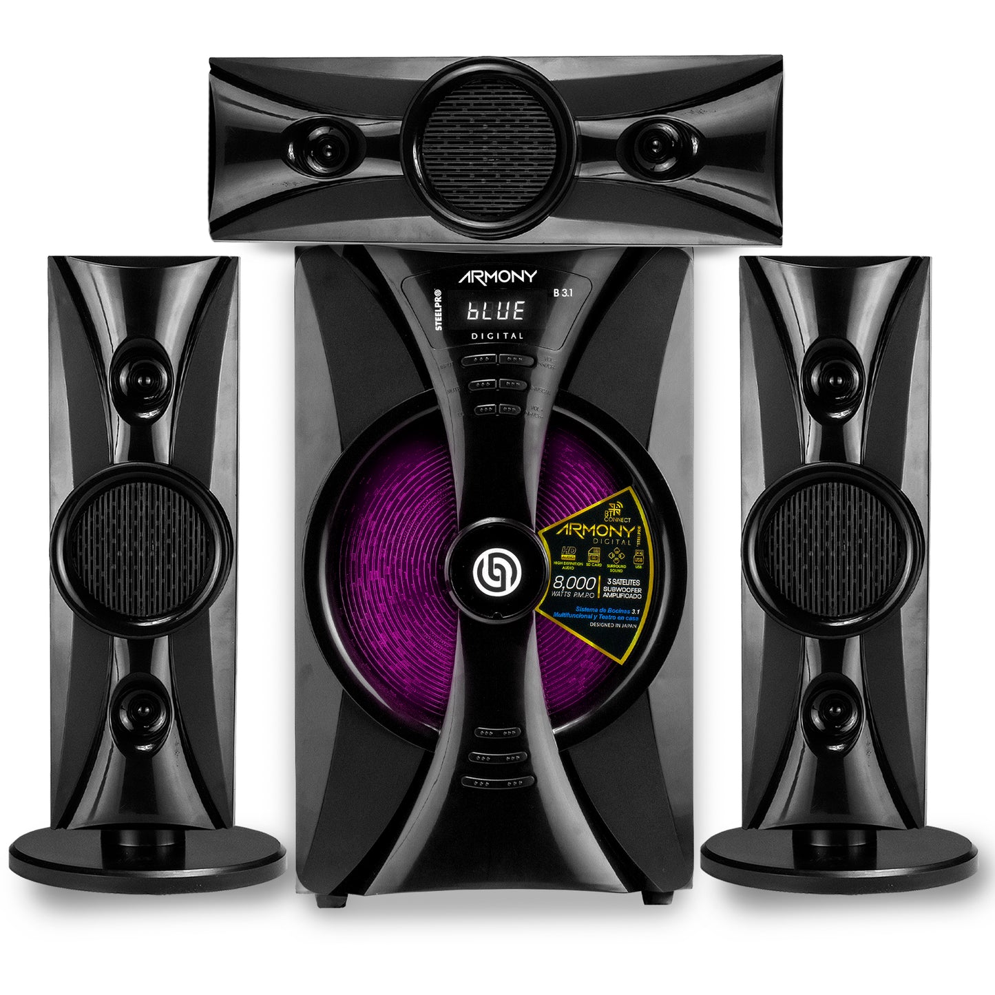 Steelpro Minicomponente Home Theater 8,000 W - Armony - b3.1 Color Negro Potencia RMS 475 W /USB / TF Card / BLUETOOTH Integrado / FM Tuning -Entrada Auxiliar / Iluminación Multicolor
