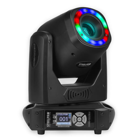 Cabeza Móvil + Aro de luz SMD luz de Escenario DMX Spot 120W Prisma de 5 Caras Gobos Dicroicos y Metálicos Steelpro