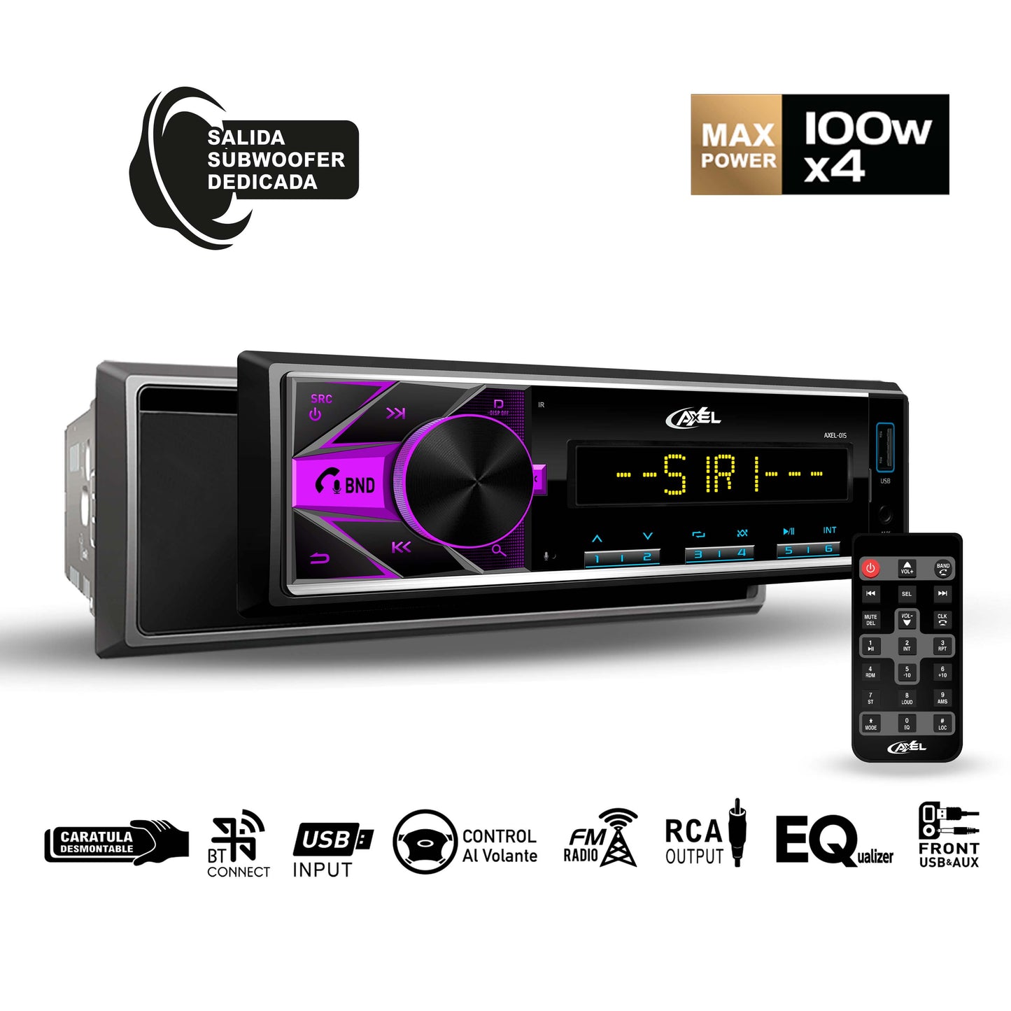 Autoestéreo 1 Din Steelpro OC-015BT Bluetooth 100W x4 USB FM RCA Subwoofer Carátula Desmontable