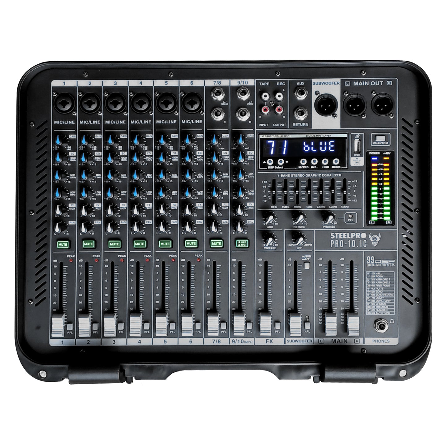 Pro-10.1C Mezcladora Amplificada Profesional 10 Canales Clase D Bluetooth USB MP3 DSP 99 Efectos Conexión PC Ecualizador 7 Bandas Sonido En Vivo Steelpro