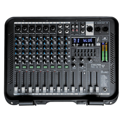 Pro-10.1C Mezcladora Amplificada Profesional 10 Canales Clase D Bluetooth USB MP3 DSP 99 Efectos Conexión PC Ecualizador 7 Bandas Sonido En Vivo Steelpro