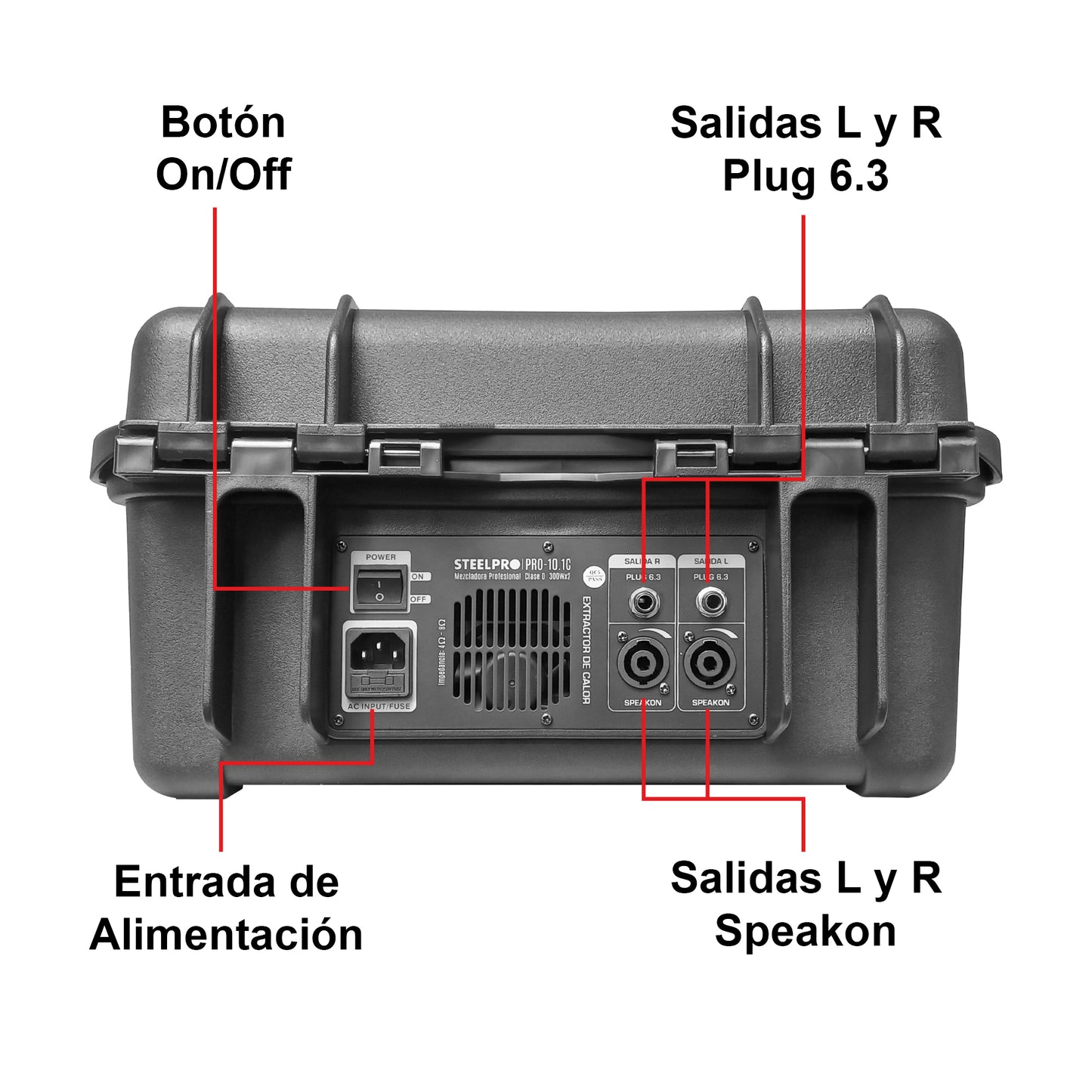 Pro-10.1C Mezcladora Amplificada Profesional 10 Canales Clase D Bluetooth USB MP3 DSP 99 Efectos Conexión PC Ecualizador 7 Bandas Sonido En Vivo Steelpro