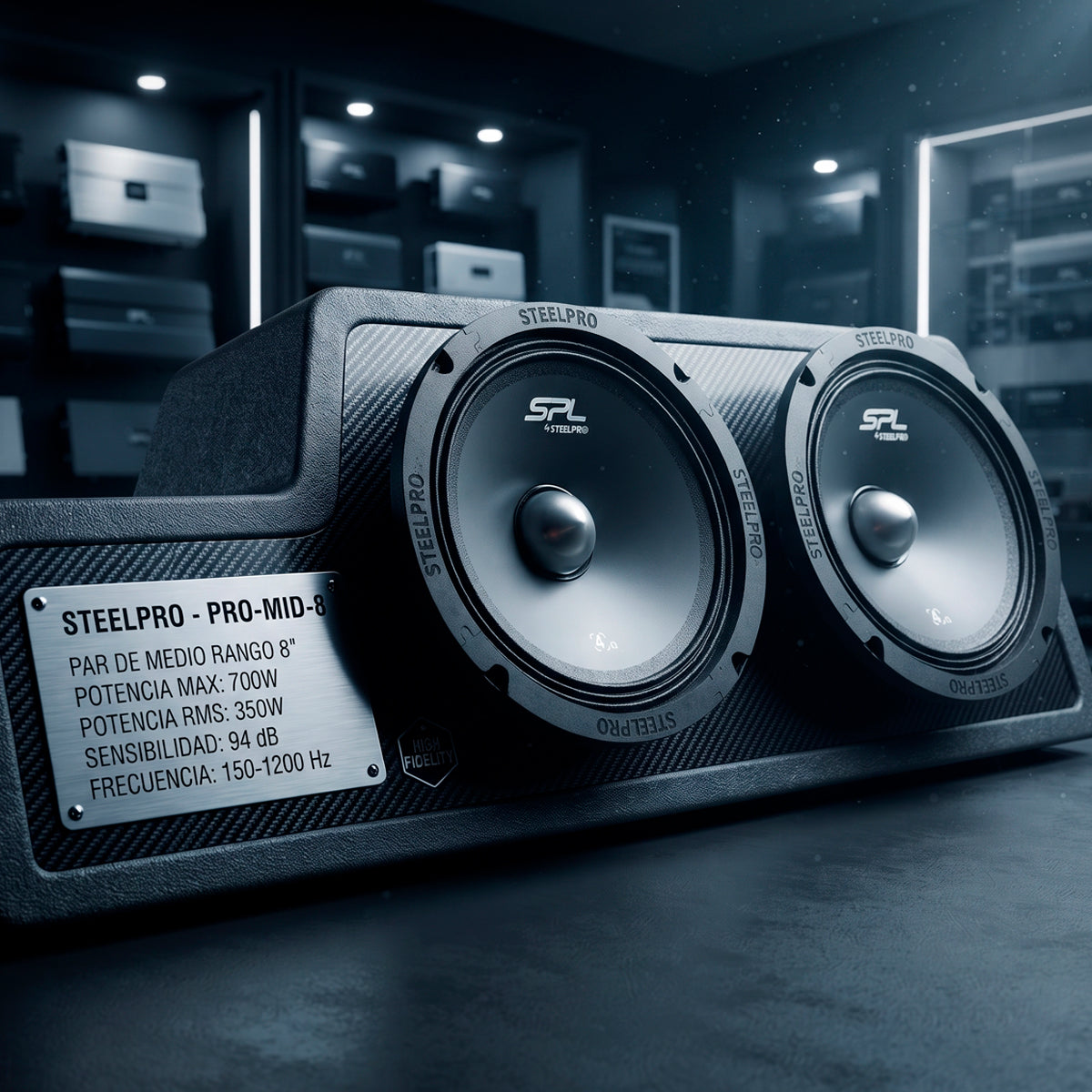 PRO-MID-8 Par Bocinas Medio Rango 8 Pulgadas Car Audio 700W Máx 350W RMS 4 Ohms 94dB Para Automóvil Puertas Audio Profesional Steelpro