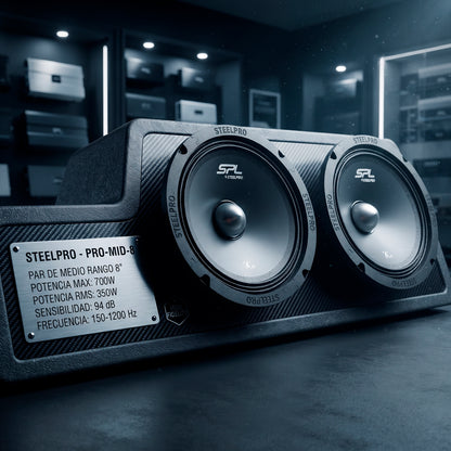 PRO-MID-8 Par Bocinas Medio Rango 8 Pulgadas Car Audio 700W Máx 350W RMS 4 Ohms 94dB Para Automóvil Puertas Audio Profesional Steelpro
