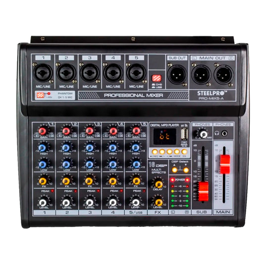 Mezcladora 5 Canales Tarjeta De Sonido Amplificada Steelpro