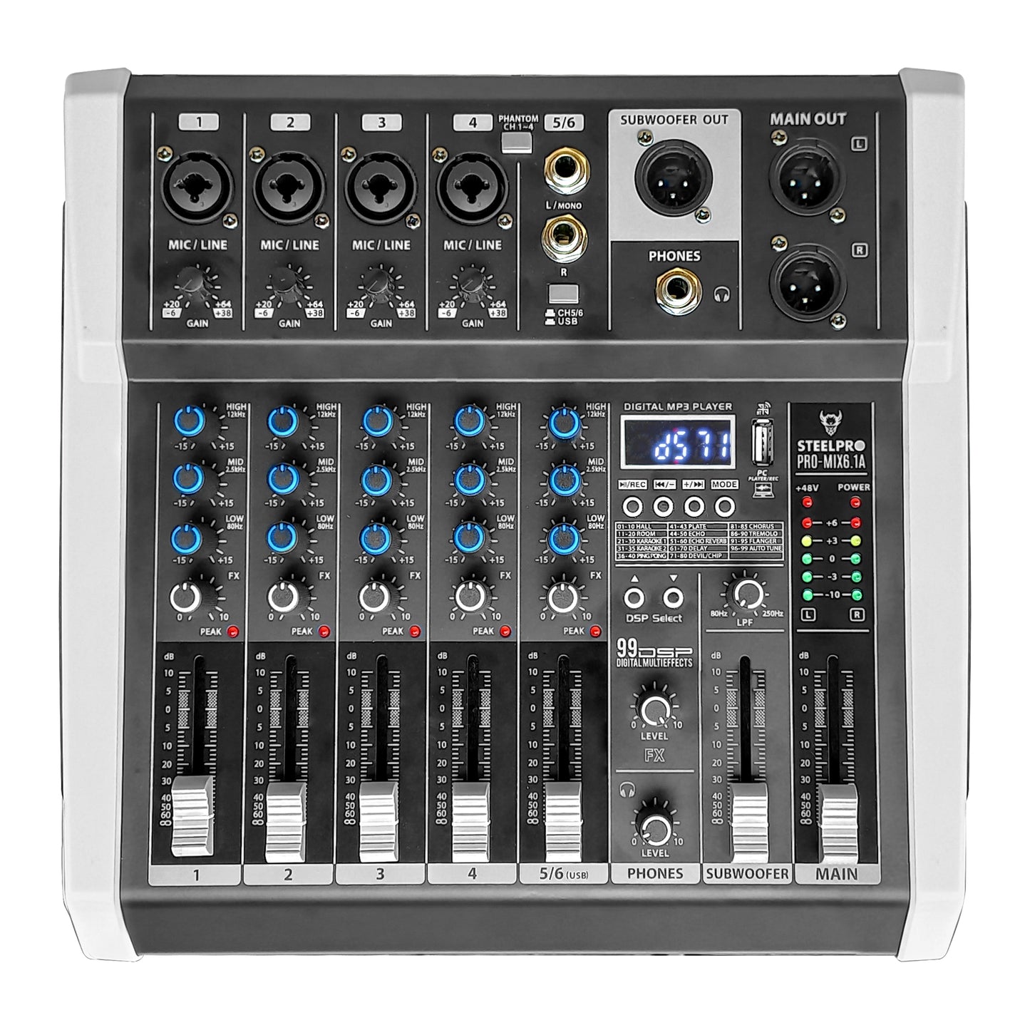 PRO-MIX6.1A Mezcladora Amplificada Profesional 6 Canales Clase D Bluetooth USB MP3 DSP 99 Efectos Conexión PC Grabación Audio Salida Subwoofer Para Bocinas Sonido En Vivo Steelpro