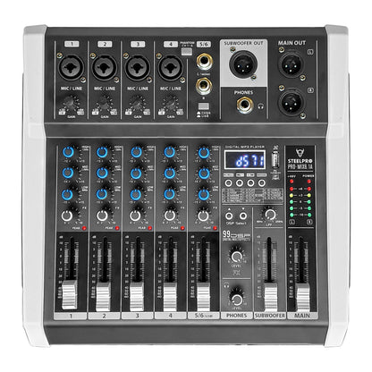 PRO-MIX6.1A Mezcladora Amplificada Profesional 6 Canales Clase D Bluetooth USB MP3 DSP 99 Efectos Conexión PC Grabación Audio Salida Subwoofer Para Bocinas Sonido En Vivo Steelpro