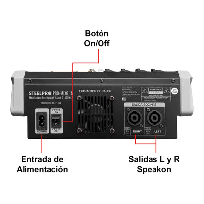 PRO-MIX6.1A Mezcladora Amplificada Profesional 6 Canales Clase D Bluetooth USB MP3 DSP 99 Efectos Conexión PC Grabación Audio Salida Subwoofer Para Bocinas Sonido En Vivo Steelpro