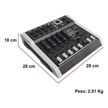PRO-MIX6.1A Mezcladora Amplificada Profesional 6 Canales Clase D Bluetooth USB MP3 DSP 99 Efectos Conexión PC Grabación Audio Salida Subwoofer Para Bocinas Sonido En Vivo Steelpro