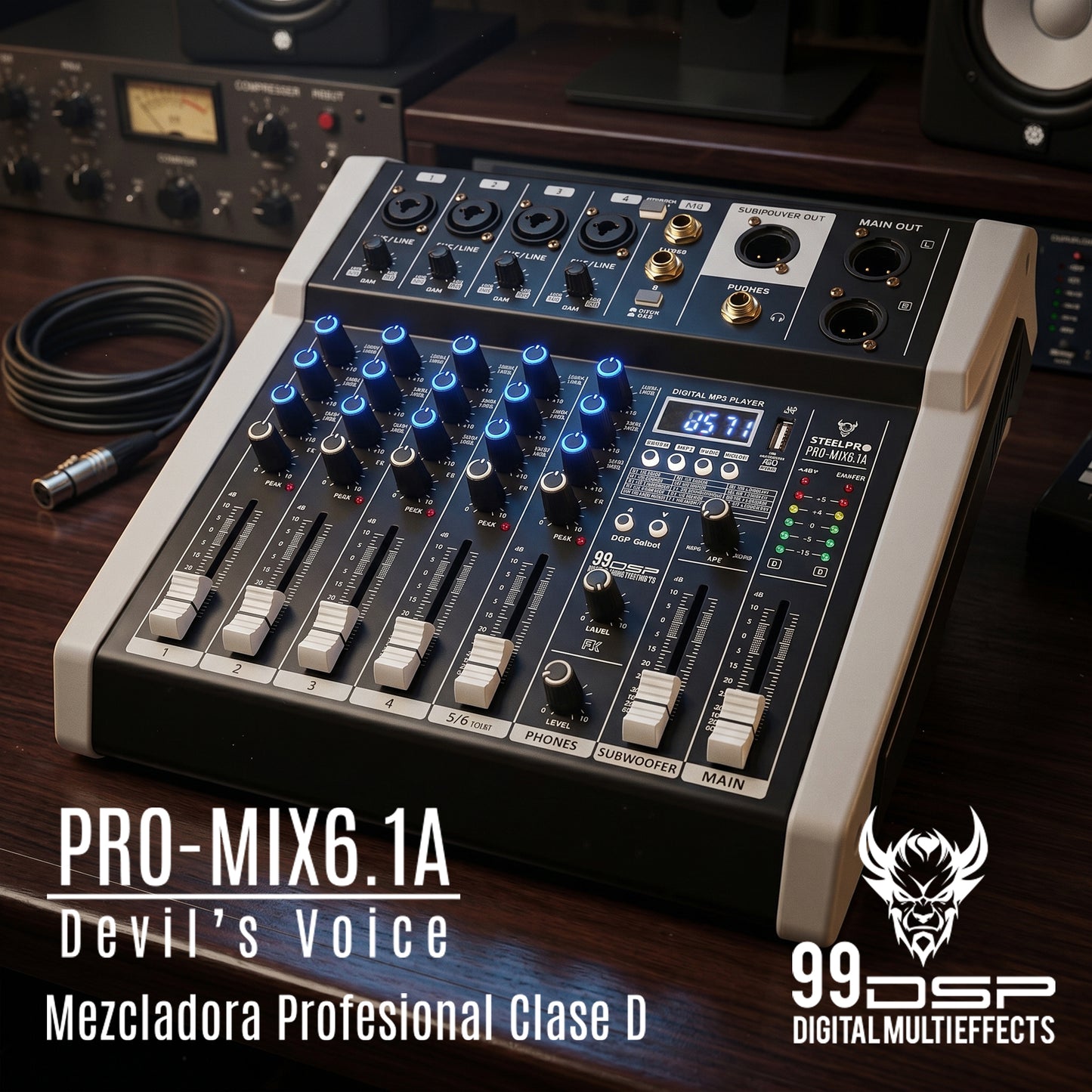 PRO-MIX6.1A Mezcladora Amplificada Profesional 6 Canales Clase D Bluetooth USB MP3 DSP 99 Efectos Conexión PC Grabación Audio Salida Subwoofer Para Bocinas Sonido En Vivo Steelpro