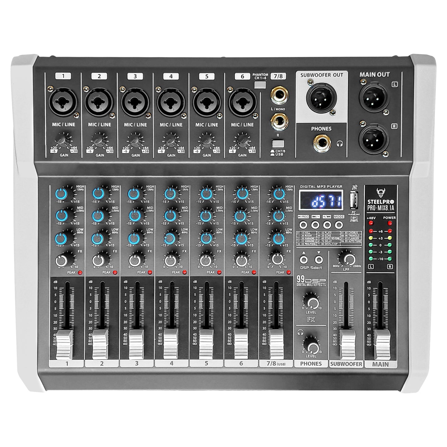 PRO-MIX8.1A Mezcladora Amplificada Profesional 8 Canales Clase D Bluetooth USB MP3 DSP 99 Efectos Conexión PC Grabación Audio Salida Subwoofer Sonido En Vivo Steelpro