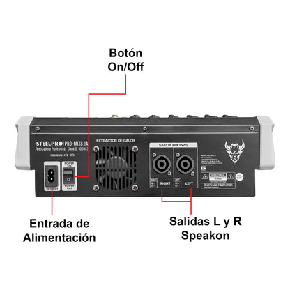 PRO-MIX8.1A Mezcladora Amplificada Profesional 8 Canales Clase D Bluetooth USB MP3 DSP 99 Efectos Conexión PC Grabación Audio Salida Subwoofer Sonido En Vivo Steelpro