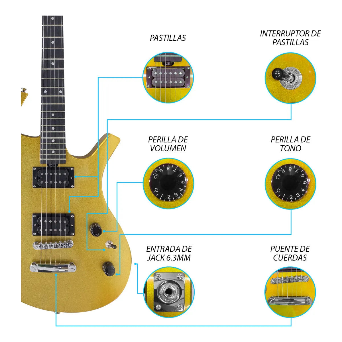 Paquete Guitarra Electrica Jethro Series By Steelpro 037 Color Dorado Material Del Diapasón Alamo Negro Orientación De La Mano Diestro